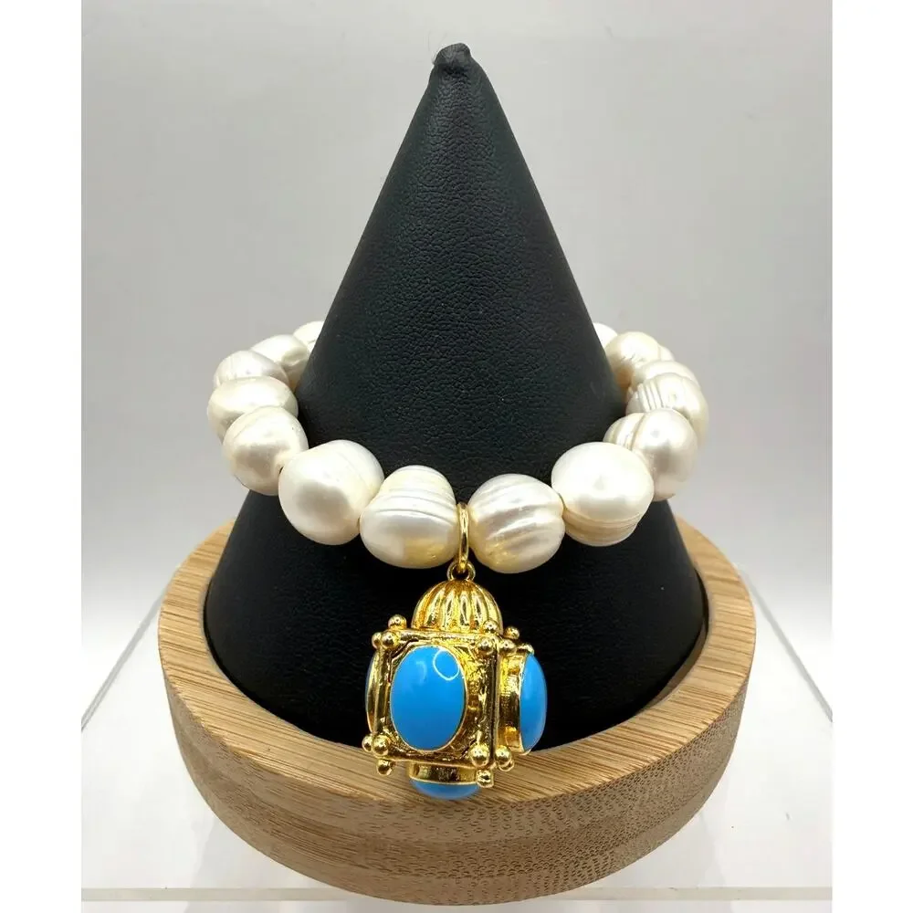 Mary Caroline Freshwater Pearl Stretch Strand Bracelet W/Lantern Charm